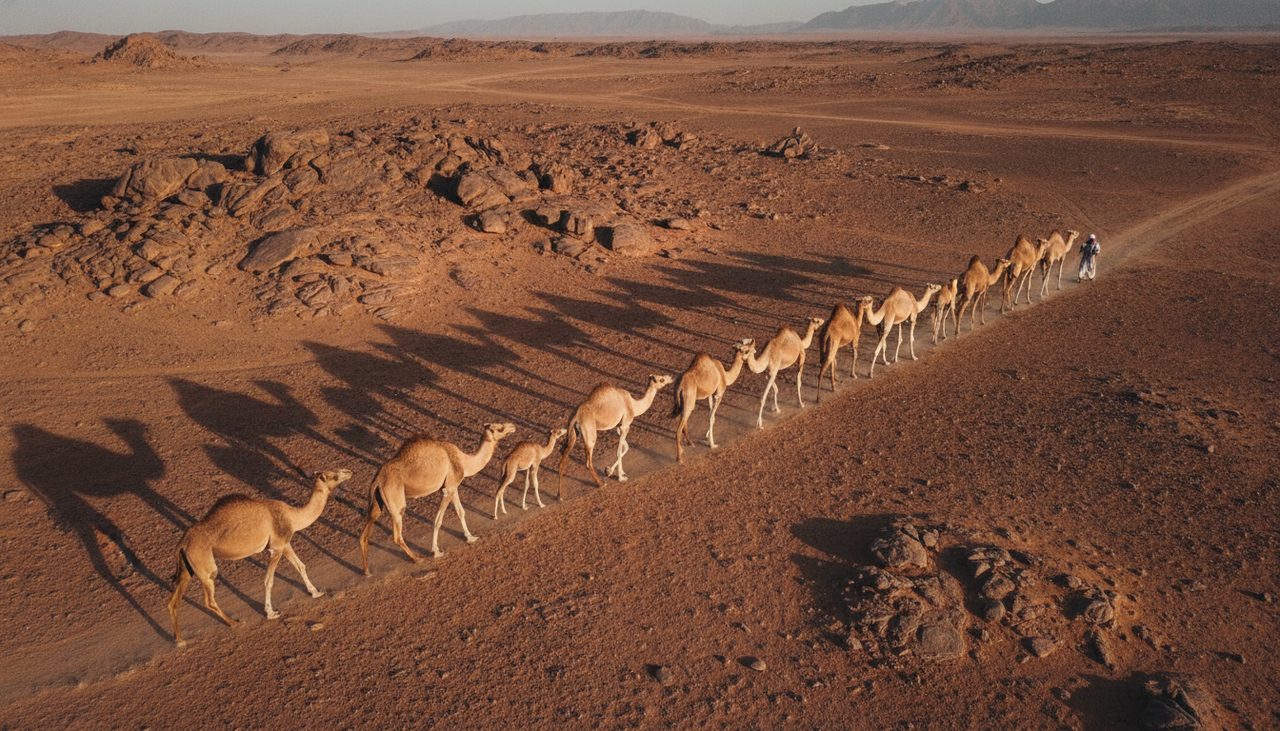 Aerial line of camels crossing the desert