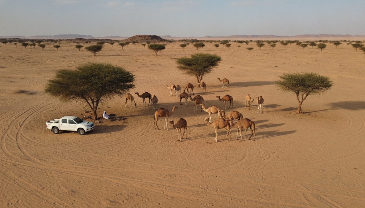 Camels grazing among acacia trees