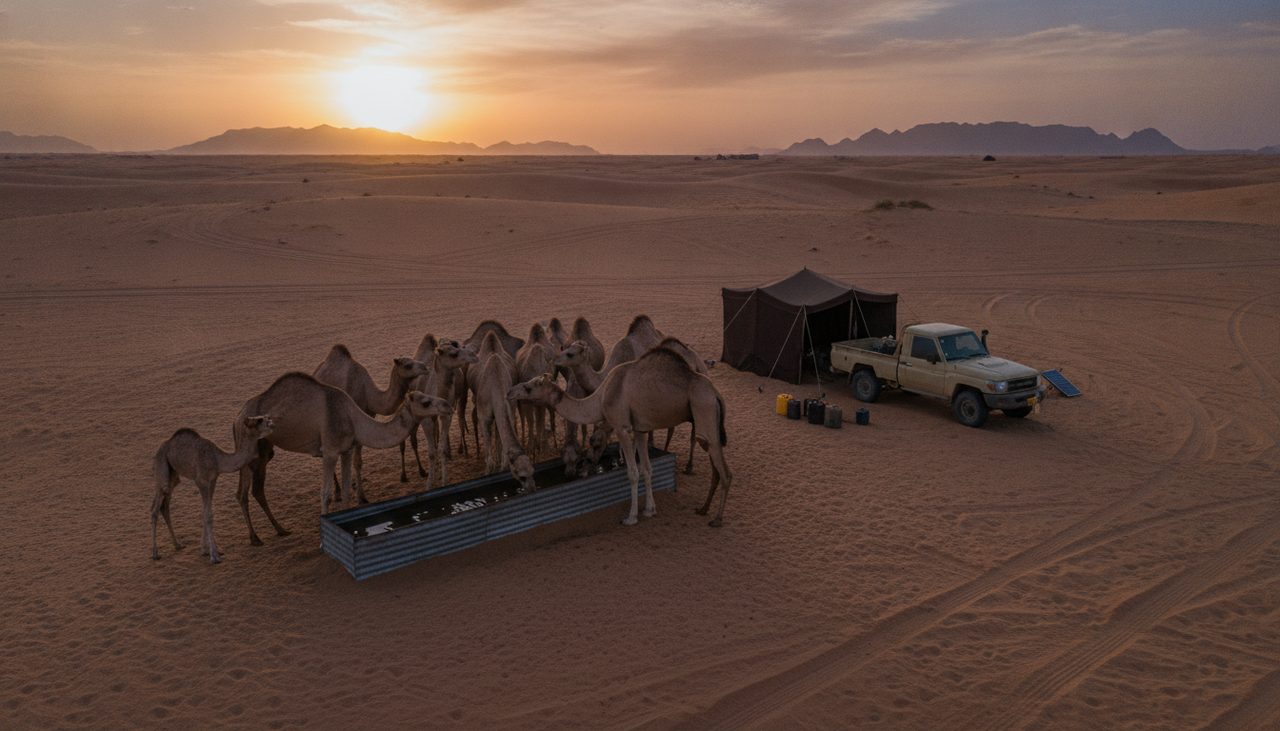 Camel herd at a desert well at dusk
