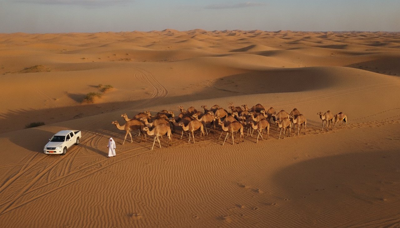 Aerial of a camel herd in the dunes